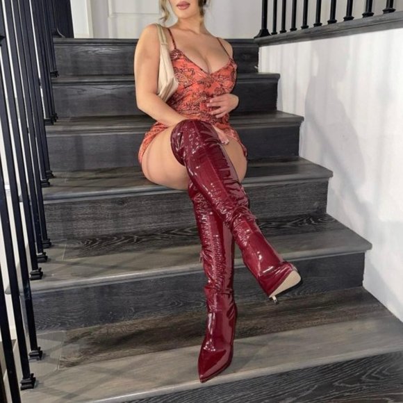 🆕 Over The Knee Burgundy Stiletto Boots 8.5 - Picture 8 of 9